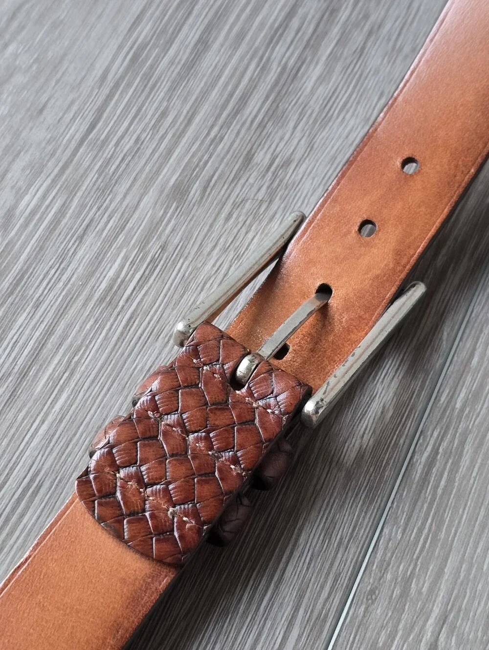 Brown Woven Leather Belt Men's 34 Basketweave Silver Buckle Made in USA Casual